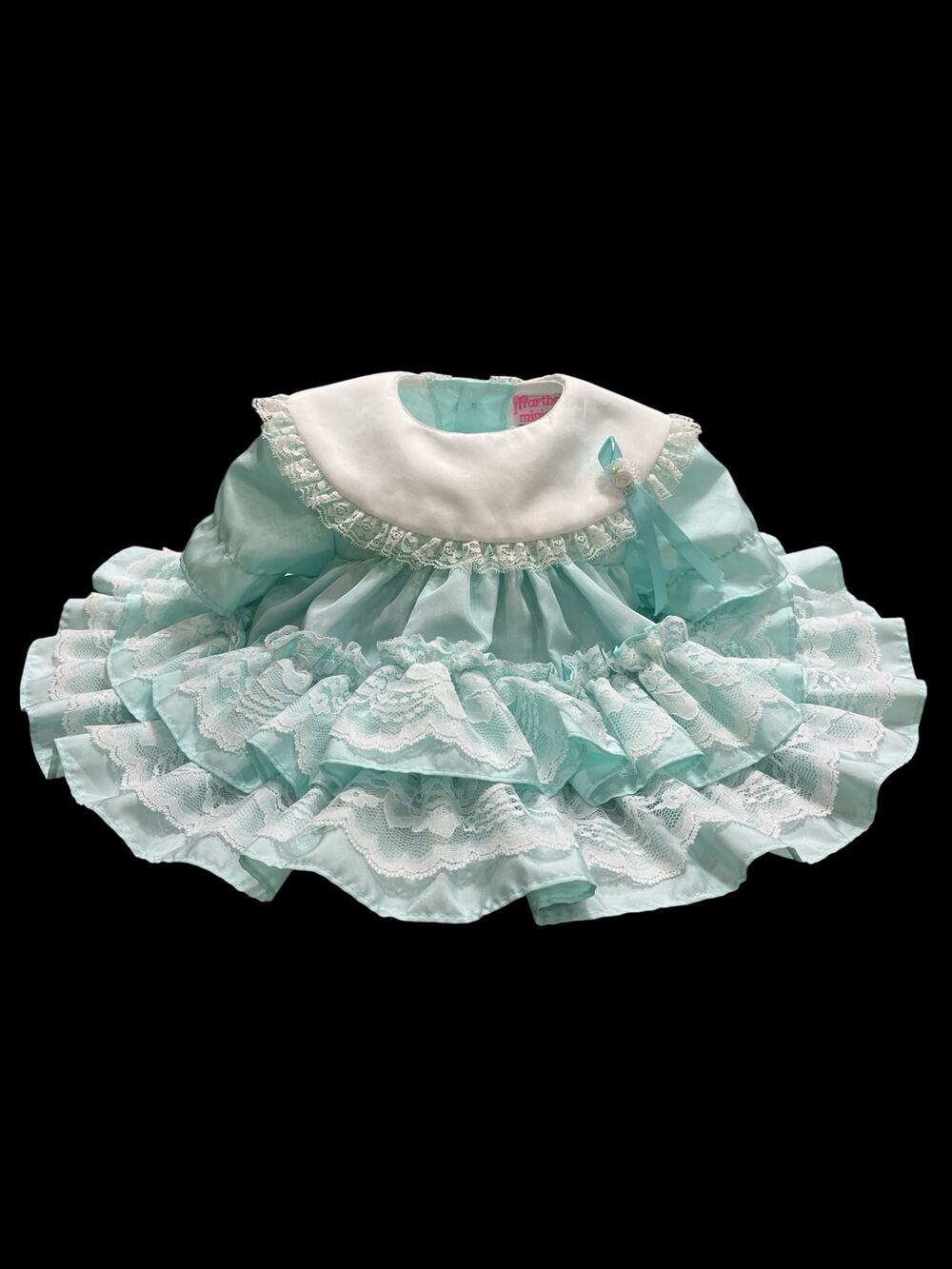 Vtg Martha's Minatures-We're Fussy Dress-0-3-Mint green/White Tiered lace 1180